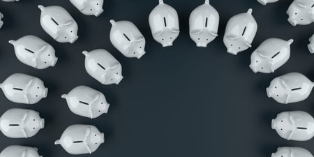 Small white piggy banks on the table. 3d illustration.
