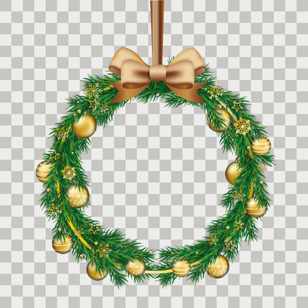 Green christmas twigs with golden baubles on the checked background. Eps 10 vector file.のイラスト素材