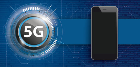 5G button with electronic schematicon and smartphone on the blue background. Eps 10 vector file.