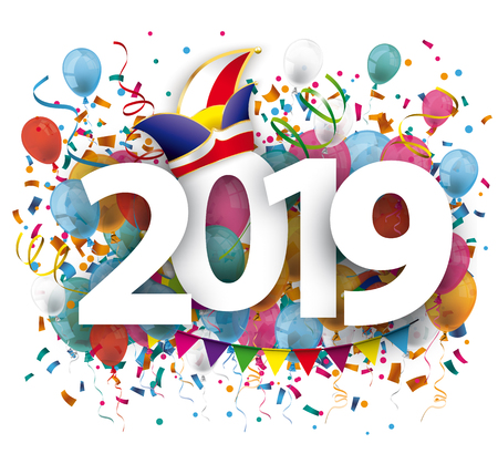 2019 with colored confetti and jesters cap on the white background. Eps 10 vector file.のイラスト素材