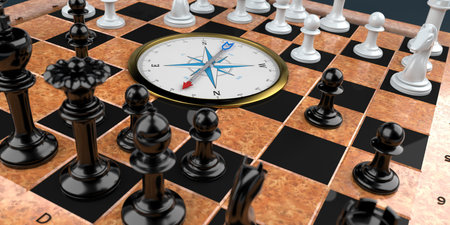 A golden compass on the wooden chessboard. 3d illustration.