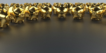 Small golden piggy banks on the black table. 3d illustration.の写真素材
