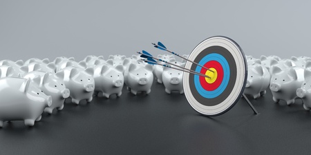 White piggy banks with target on the dark background. 3d illustration.の写真素材