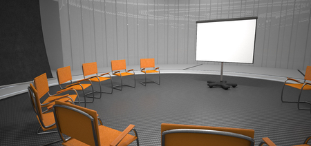 Futuristic training room with flip chart and orange chairs. 3d illustration.の写真素材