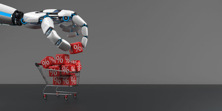A robot hand with small shopping cart and percent cubes on the dark background. 3d illustration.