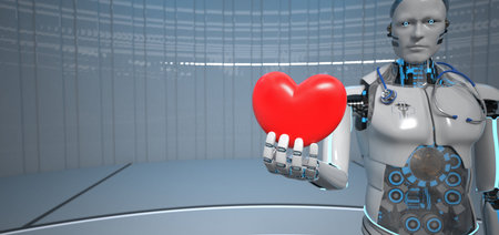 Humanoid robot with red heart in the cardiology. 3d illustration.の写真素材
