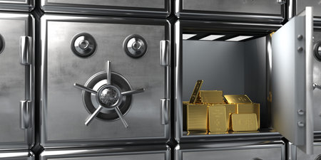 Golden bars with treasures in the back. 3d illustration.の写真素材