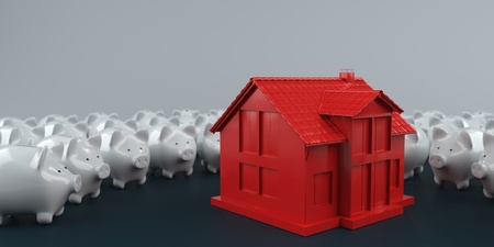 A living home with white piggy banks on the dark table. 3d illustration.の写真素材
