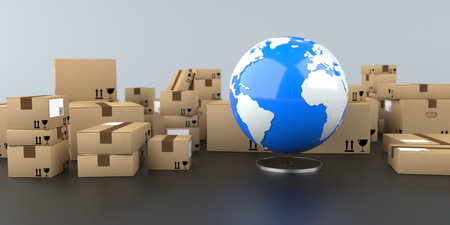 Shipping cartons with a blue globe on the table. 3d illustration.の写真素材