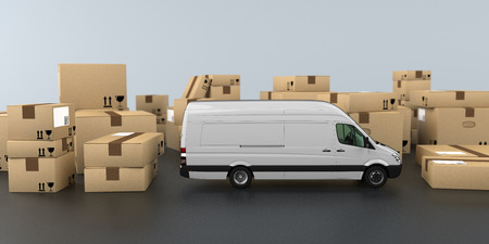 Shipping cartons with a small delivery van on the table. 3d illustration.の写真素材