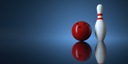 Bowling ball with pin on blue background. 3d illustration.の写真素材