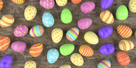 Colored easter eggs on the wooden table. 3d illustration.