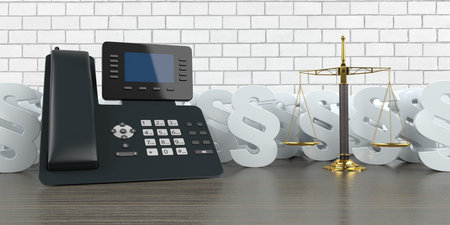Business telephone with white paragraphs and golden beam scale on the wooden table. 3d illustration.