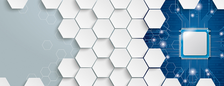 Hexagon structure with microchip on the gray and blue background. Eps 10 vector file.のイラスト素材