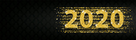 Golden text 2020 banner on the black background with ornaments.のイラスト素材