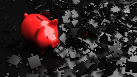 Strategy in investing money visualized with piggy bank and black puzzle pieces. 3d illustration.の写真素材