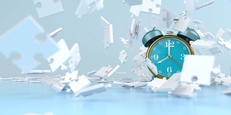 Alarmer with white puzzle pieces on the blue background. 3d illustration.の写真素材