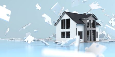 A living home between white puzzle pieces. 3d illustration.の写真素材
