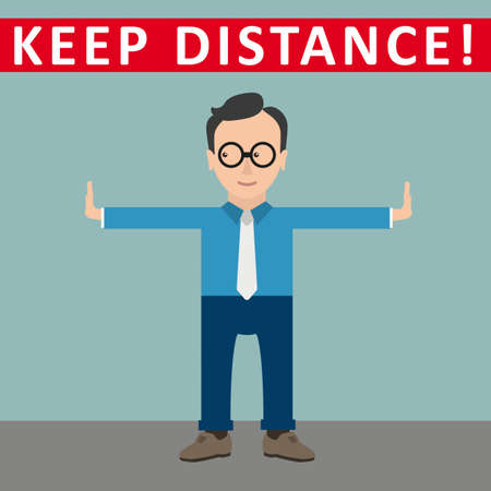 Man indicates that you must keep your distance. Eps 10 vector file.のイラスト素材
