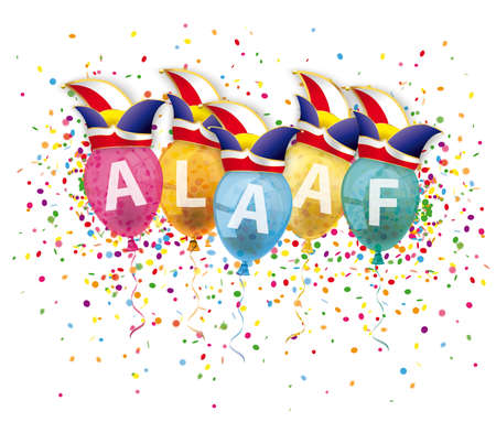 Carnival caps with colored balloons and confetti und german text Alaaf, translate Hooray. Eps 10 vector file.のイラスト素材