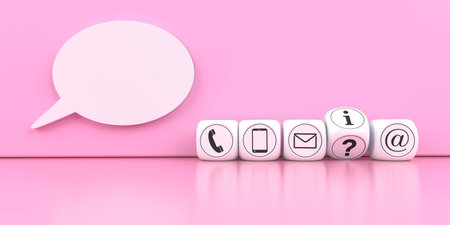 Contact cubes with a speech bubble on the pink background. 3d illustration.