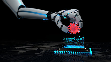 A robot infects the hardware with a virus. 3d illustration.