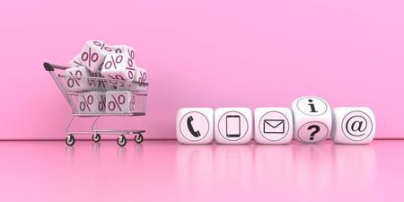 Contact cubes with a shopping cart on the pink background. 3d illustration.