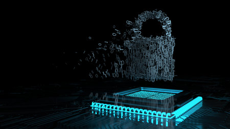 Data encryption, d-lock with microchip. 3d illustration.