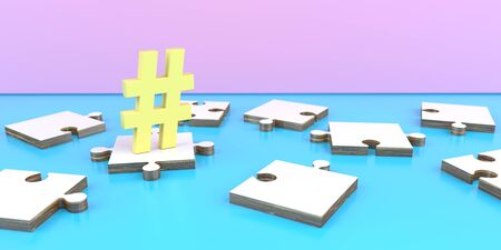 Hashtag with a puzzle pieces on the colored background. 3d illustration.の写真素材