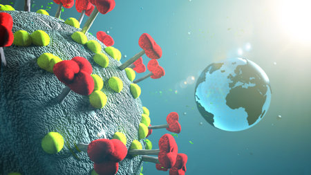 The real 3d model of the corona virus with a globe. 3d illustration.