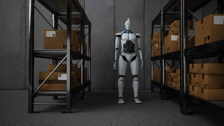Humanoid robot works in a shipping warehouse. 3d illustration.の写真素材