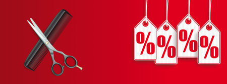 Hanging price stickers with percents with the hairdresser tools on the red background. vector file.のイラスト素材