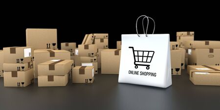 Shipping cartons with a white shopping bag on the dark background. 3d illustration.の写真素材