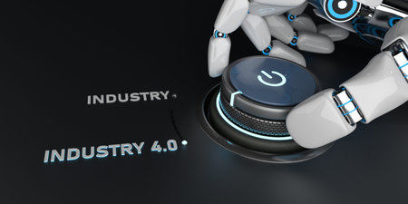Robot turns the knob and switches to industry 4.0. 3d illustration.