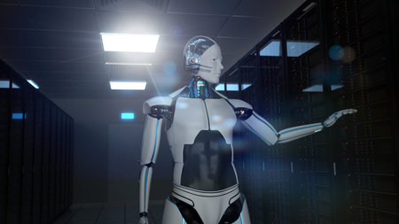 Humanoid robot in the server room. 3d illustration.の写真素材