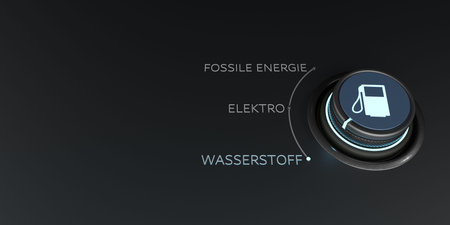 German text Fossile Energie, Wasserstoff, Elektro, translate Fossil Fuels, Hydrogen, Electric. 3d...