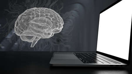 Digital human brain with circuit diagram and notebook on the table. 3d illustration.の写真素材