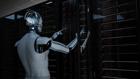 Humanoid robot carries out maintenance work in the server room.