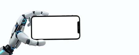 A hand of the humanoid robot with a smartphone with white screen. 3d illustration.