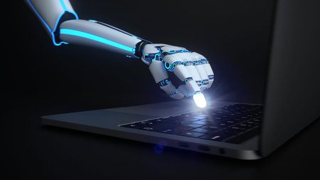 The hand of a humanoid robot clicks on the notebook. 3d illustration.