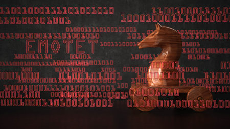 Wooden trojan horse with red data and text Emotet on the dark background. 3d illustration.