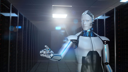 Humanoid robot clicks in the database. 3d illustration.