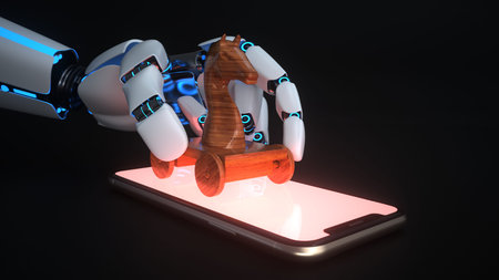 The robot infects the smartphone with a trojan. 3d illustration.