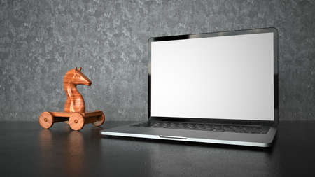 Wooden trojan horse with a notebook on the table. 3d illustration.の写真素材