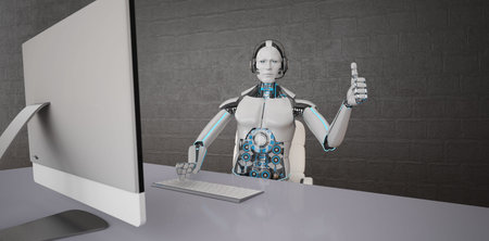 Robot in a call center makes the thumbs up.