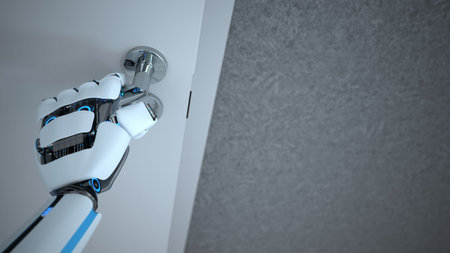 Humanoid robot opens the door.