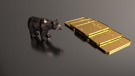 A bear with the 1 Oz gold bars on the dark background.