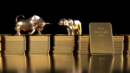 Bear and bull with the 1 Oz gold bars on the dark background. 3d illustration.
