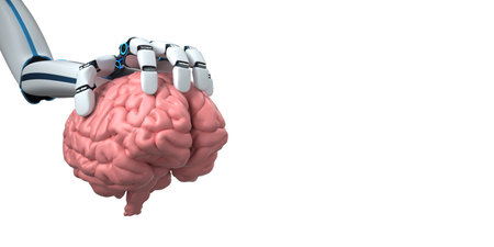 Humanoid robot hand with human brain isolated on white. 3d illustration.