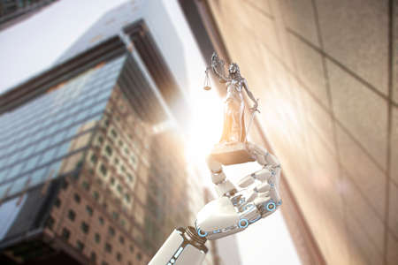Humanoid robot hand with lady justice statue in the city. 3d illustration.の写真素材